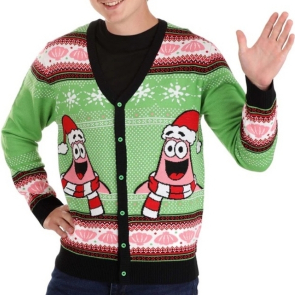 Patrick Star SpongeBob Graphic Christmas Holiday Cardigan Sweater Size Medium - Picture 1 of 6